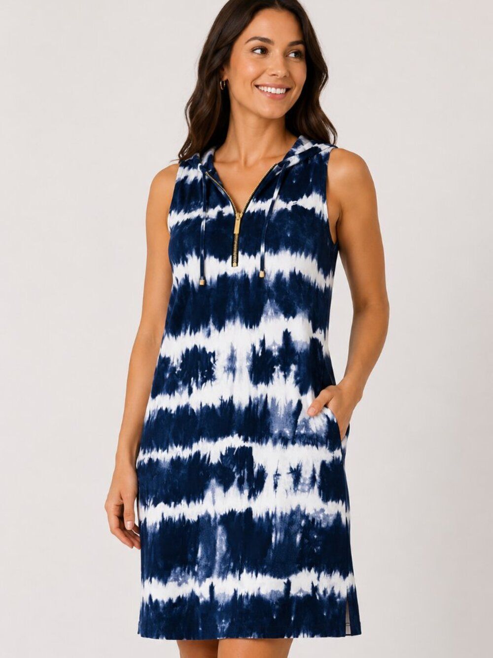 Michael Kors Blue White Tie Dye Dress XS Sleeveless Half Zip Resort Cruise Cover